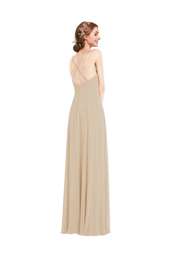 Open Back Champagne A-Line V-Neck Long Semi Formal Evening Dress Canada Online