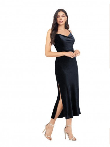 Low Back Dark Navy Column Cowl Neck Midi Length Formal Evening Dress Canada Online
