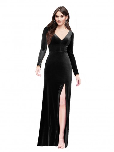 V-Back Black Column V-Neck Long Formal Evening Dress Canada Online
