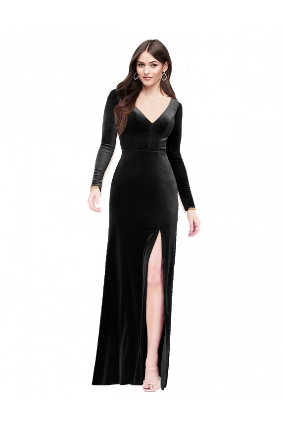 V-Back Black Column V-Neck Long Formal Evening Dress Canada Online