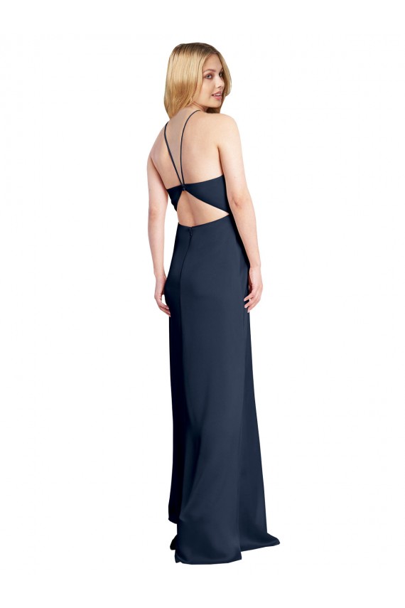 Open Back Dark Navy A-Line Halter Neck Long Formal Evening Dress Canada Online