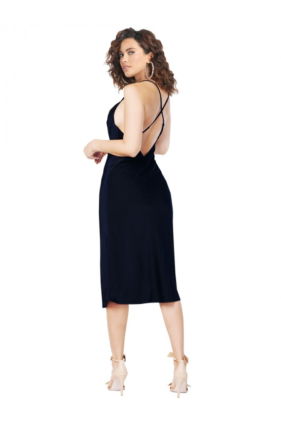 Open Back Dark Navy A-Line Cowl Neck Midi Length Formal Evening Dress Canada Online