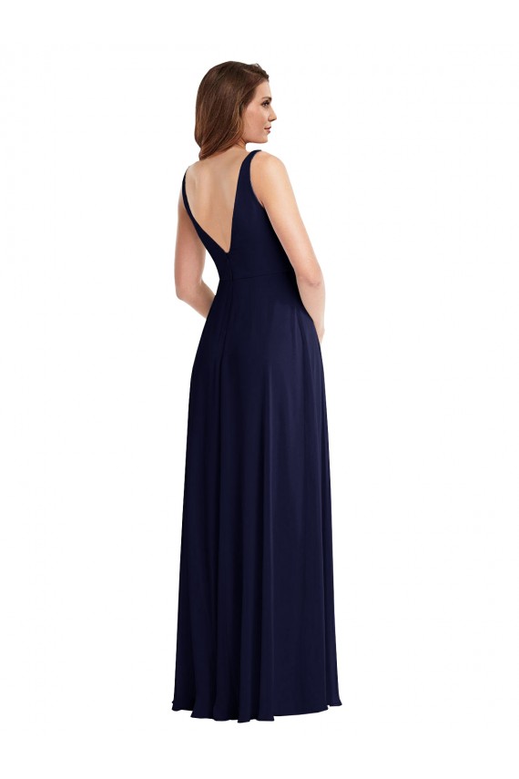 V-Back Dark Navy A-Line V-Neck Long Black Tie Evening Dress Canada Online