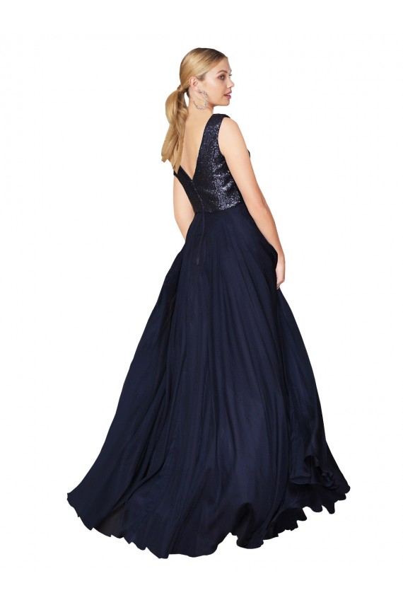 V-Back Dark Navy A-Line High Neck Long Semi Formal Evening Dress Canada Online