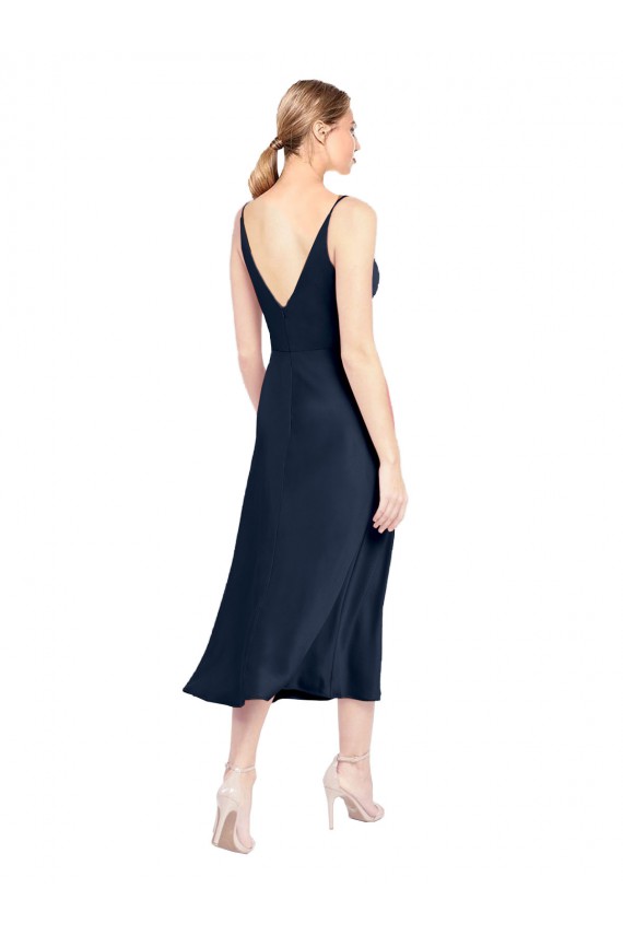 V-Back Dark Navy A-Line V-Neck Sleeveless Midi Length Formal Evening Dress Canada Online