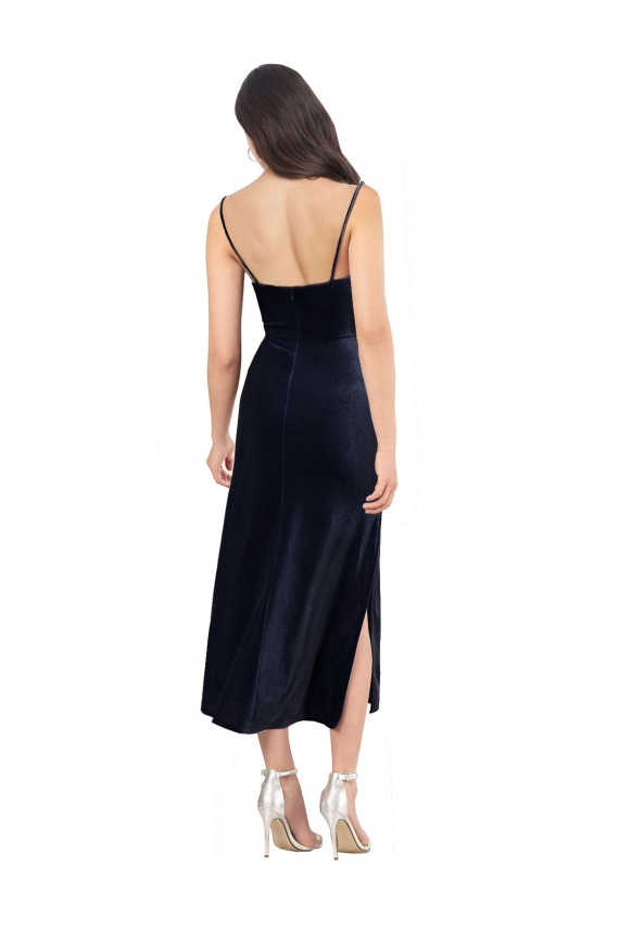 Low Back Dark Navy Column Cowl Neck Midi Length Formal Evening Dress Canada Online