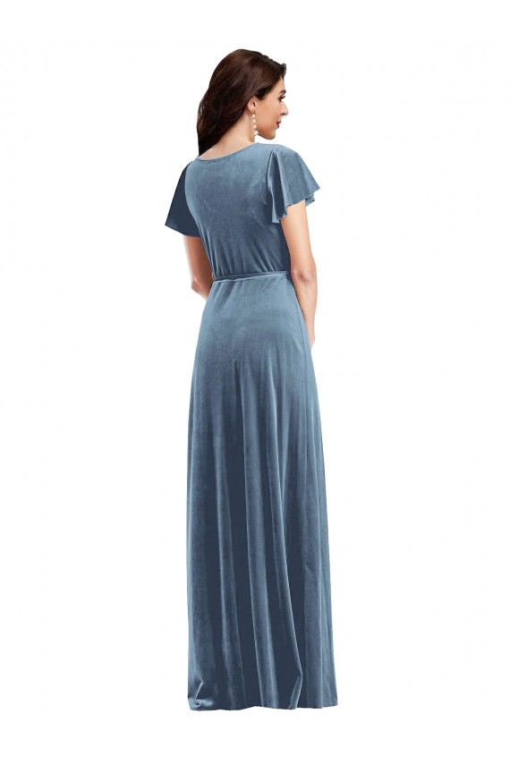 Dusty Blue A-Line V-Neck Long Black Tie Evening Dress Canada Online