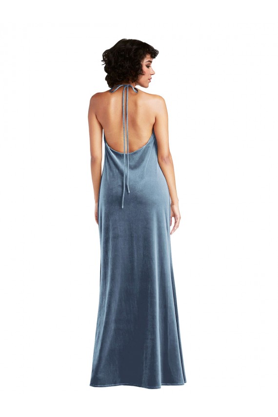 V-Back Dusty Blue Sheath Cowl Neck Long Evening Gown Canada Online