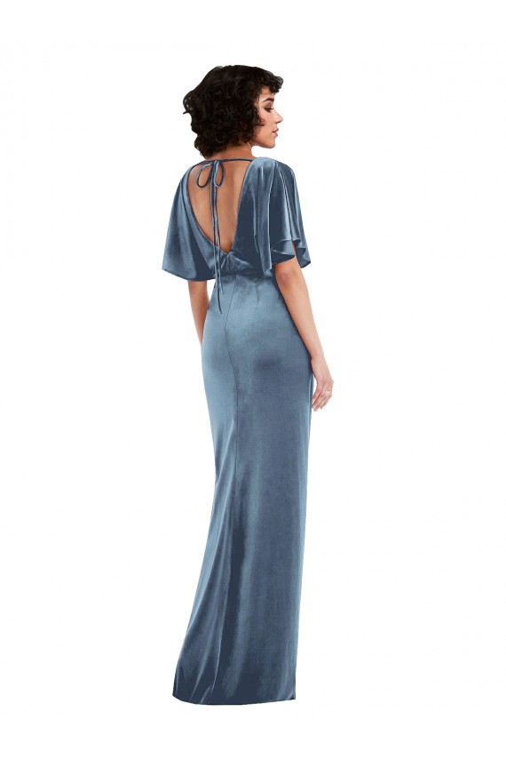 Open Back Dusty Blue Sheath Long Semi Formal Evening Dress Canada Online
