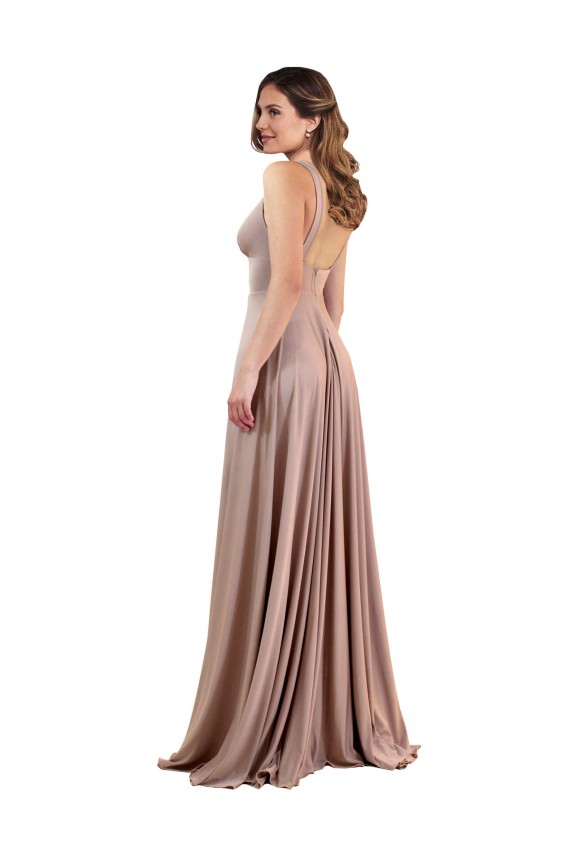 Low Back Dusty Pink A-Line V-Neck Long Black Tie Evening Dress Canada Online