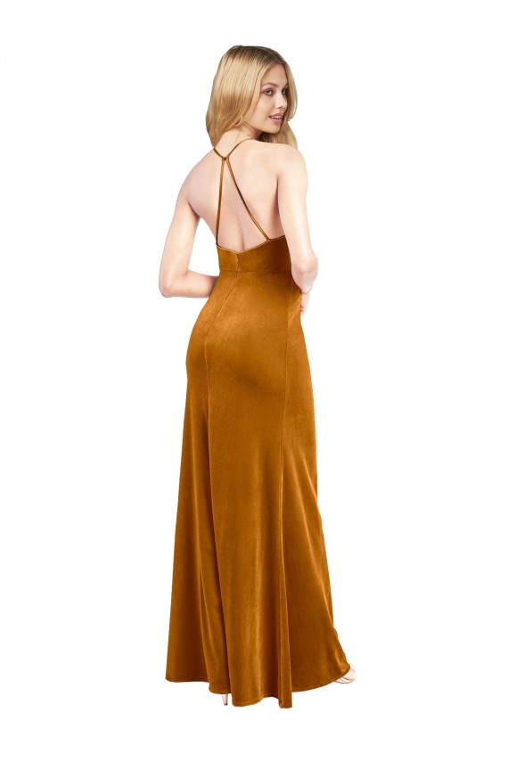 Open Back Gold A-Line High Neck Long Formal Evening Dress Canada Online