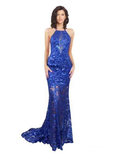 Open Back Royal Blue Mermaid High Neck Long Semi Formal Evening Dress Canada Online