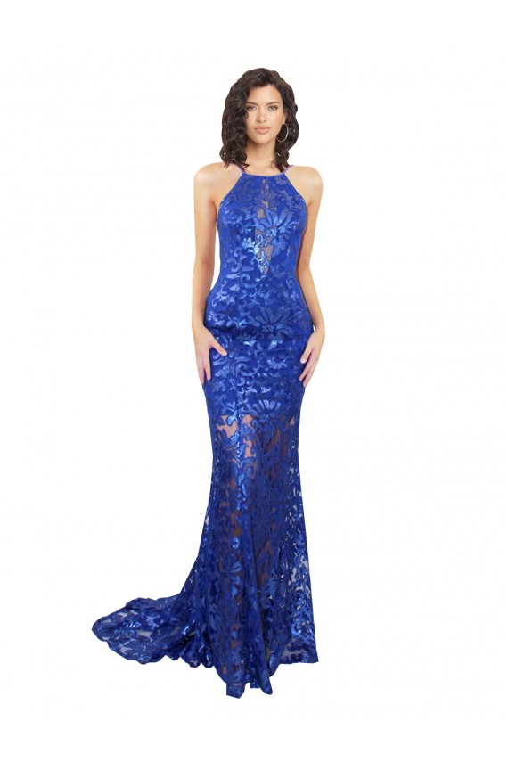 Open Back Royal Blue Mermaid High Neck Long Semi Formal Evening Dress Canada Online