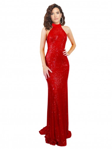 Open Back Red Mermaid High Neck Long Formal Evening Gown Canada Online