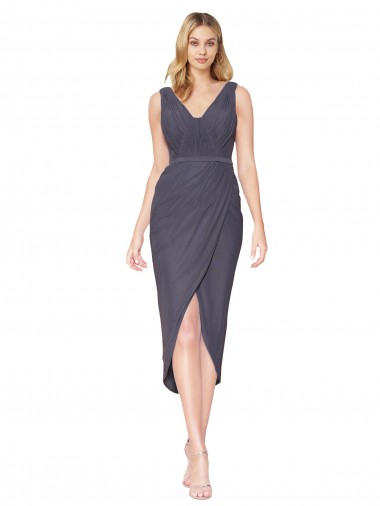 V-Back Slate Grey Mermaid High Neck Cocktail Length High Low Evening Dress Canada Online