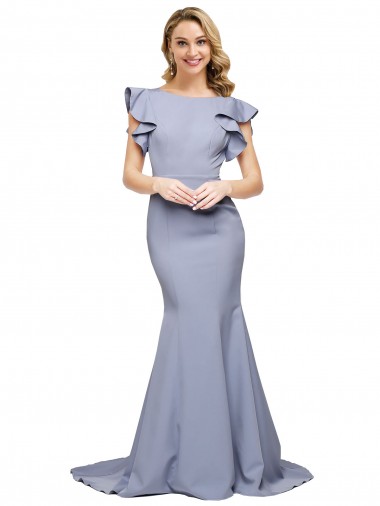 V-Back Smoke Blue Mermaid Round Neck Sweep Train Formal Evening Dress Canada Online