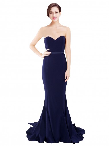 Low Back Dark Navy Mermaid Strapless Sweep Train Semi Formal Evening Dress Canada Online