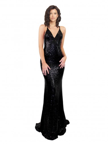 Open Back Black Mermaid V-Neck Long Black Tie Evening Dress Canada Online