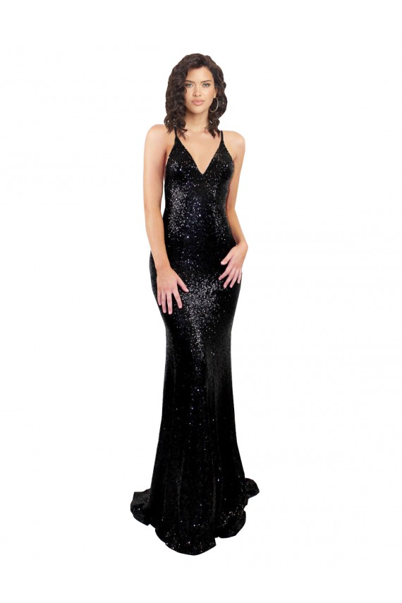 Open Back Black Mermaid V-Neck Long Black Tie Evening Dress Canada Online