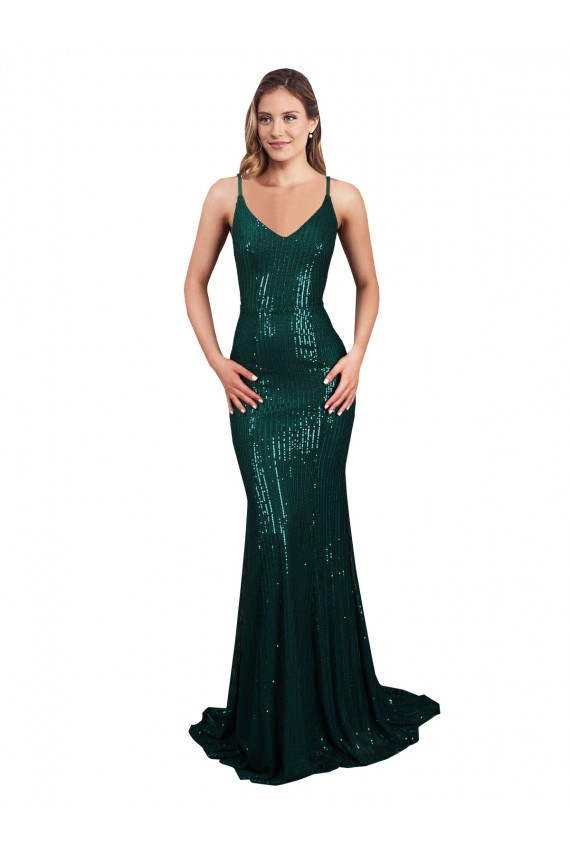 Low Back Dark Green Mermaid V-Neck Long Formal Evening Dress Canada Online