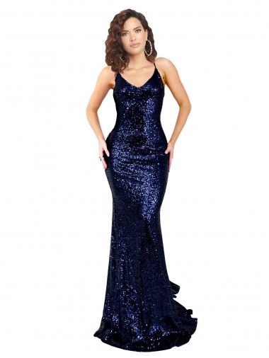 Open Back Dark Navy Mermaid V-Neck Long Formal Evening Dress Canada Online