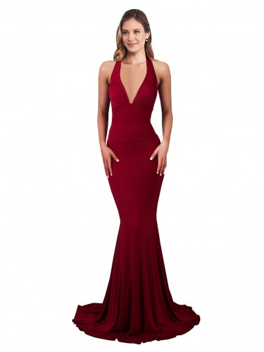 Open Back Burgundy Mermaid V-Neck Long Formal Evening Dress Canada Online