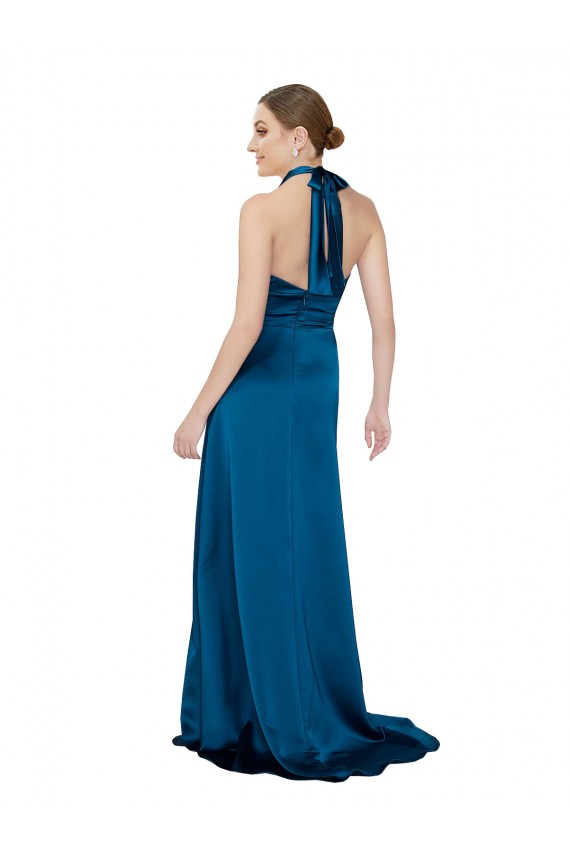 Open Back Peacock Blue A-Line Halter Neck Long Formal Evening Dress Canada Online