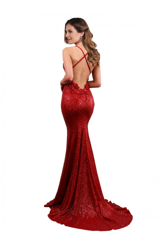Open Back Red Mermaid V-Neck Long Evening Dress Canada Online