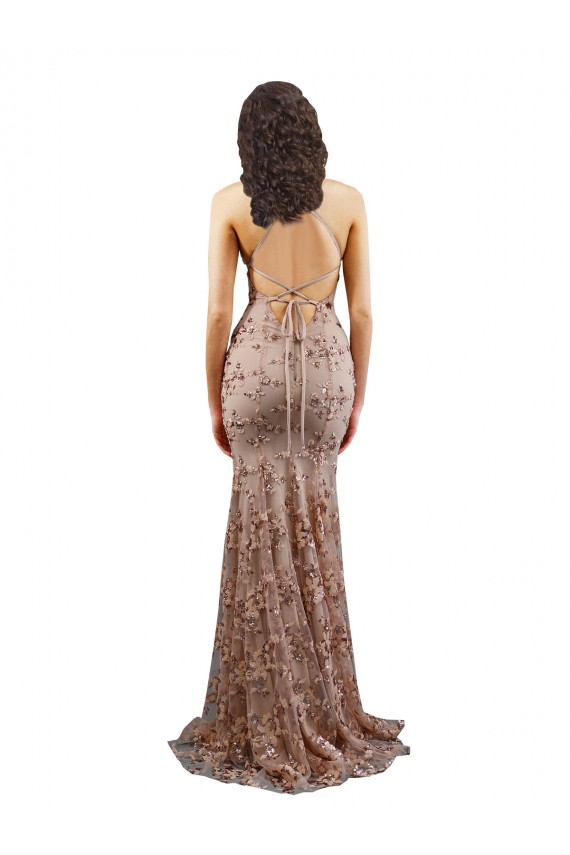 Open Back Rose Gold Mermaid High Neck Long Formal Evening Dress Canada Online