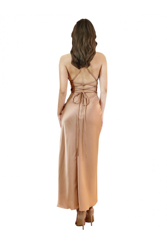 Open Back Rose Gold Sheath Cowl Neck Midi Length Formal Evening Dress Canada Online