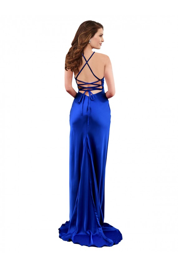 Open Back Royal Blue Sheath Cowl Neck Long Formal Evening Dress Canada Online