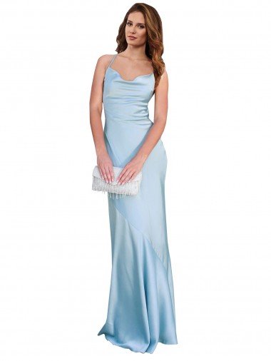Open Back Light Sky Blue Sheath Cowl Neck Long Formal Evening Dress Canada Online