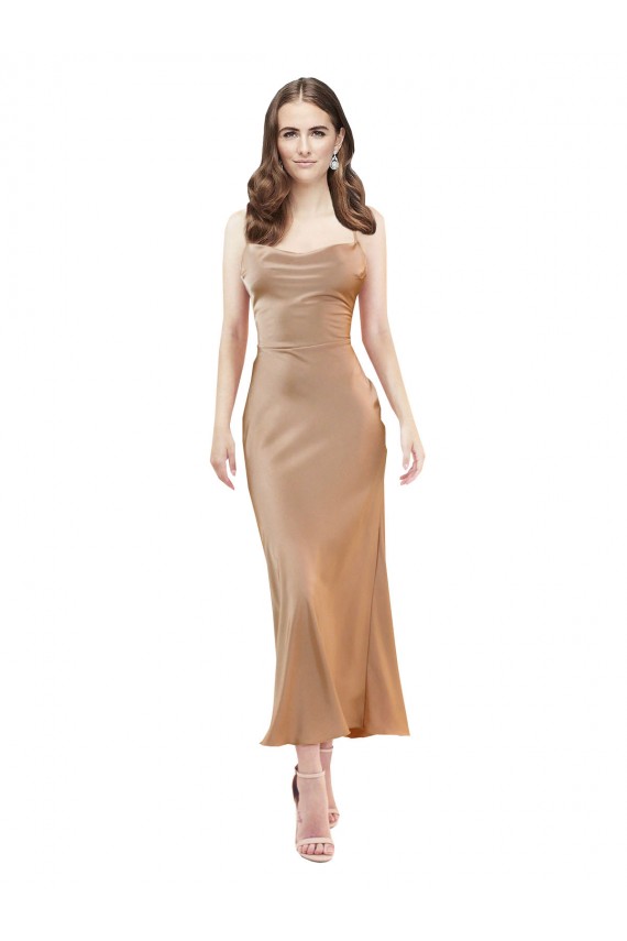 Open Back Rose Gold Sheath Cowl Neck Midi Length Formal Evening Dress Canada Online