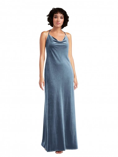 V-Back Dusty Blue Sheath Cowl Neck Long Evening Gown Canada Online
