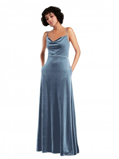 Open Back Dusty Blue Sheath Cowl Neck Long Semi Formal Evening Dress Canada Online