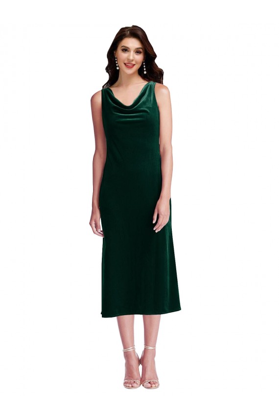 V-Back Dark Green Sheath Cowl Neck Midi Length Evening Dress Canada Online