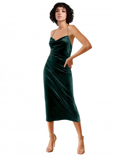 Open Back Dark Green Sheath Cowl Neck Midi Length Formal Dress Canada Online