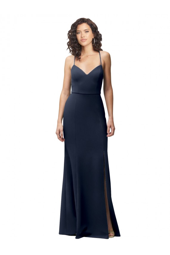 Open Back Dark Navy Sheath High Neck Long Formal Evening Dress Canada Online