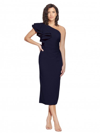 Dark Navy Sheath One Shoulder Midi Length Formal Evening Dress Canada Online