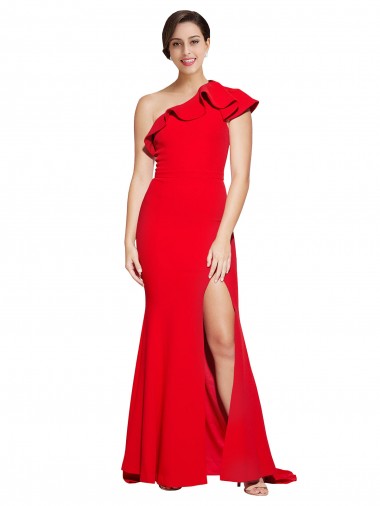 Red Sheath One Shoulder Sweep Train Semi Formal Evening Dress Canada Online