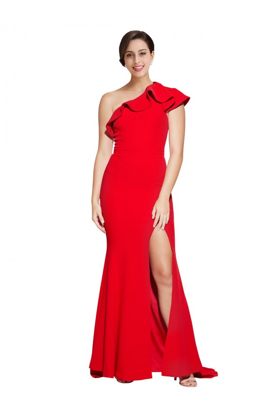 Red Sheath One Shoulder Sweep Train Semi Formal Evening Dress Canada Online