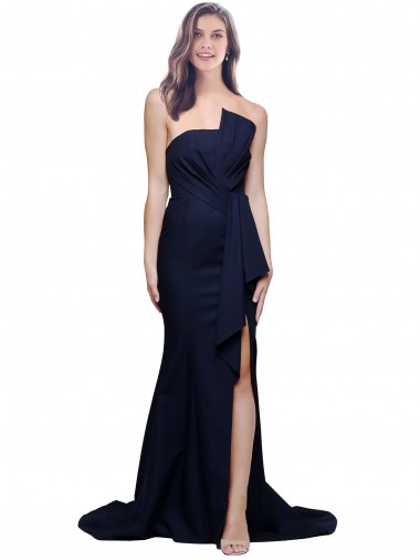 Low Back Dark Navy Sheath Strapless Sweep Train Semi Formal Evening Dress Canada Online