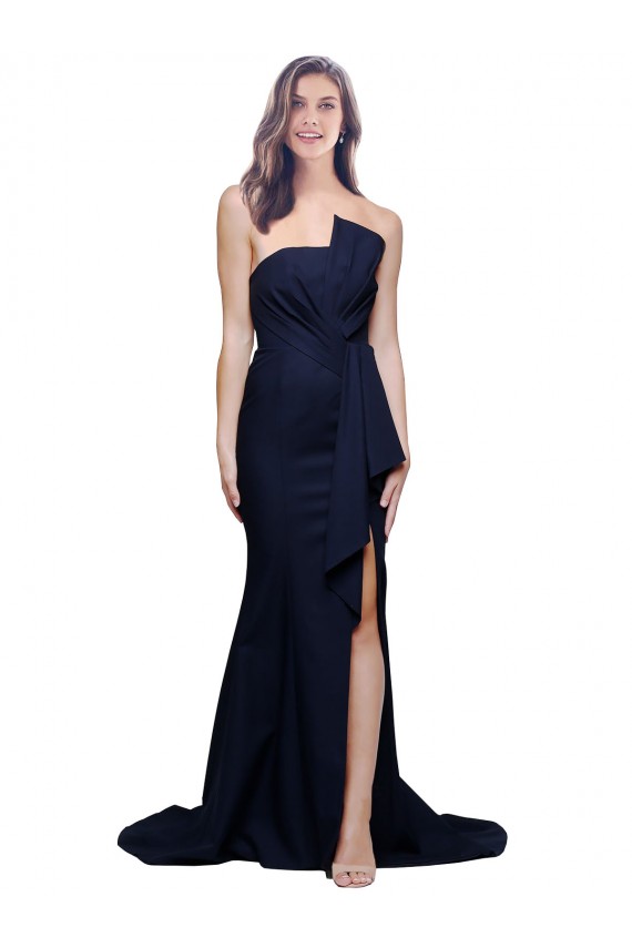 Low Back Dark Navy Sheath Strapless Sweep Train Semi Formal Evening Dress Canada Online