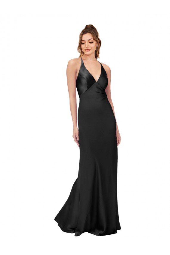 Open Back Black Sheath V-Neck Long Black Tie Evening Dress Canada Online