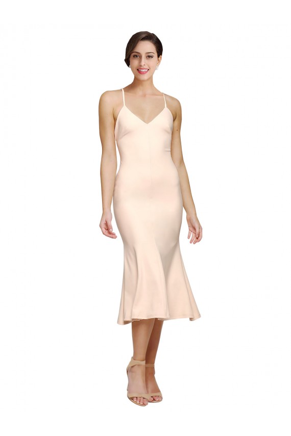 Open Back Nude Sheath V-Neck Midi Length Evening Dress Canada Online