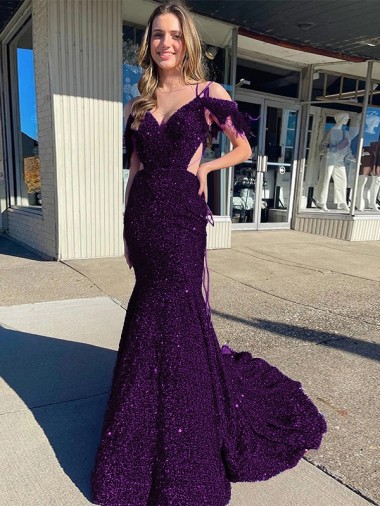 Plum Purple Sheath V-Neck Court Train Evening Dress Canada Online