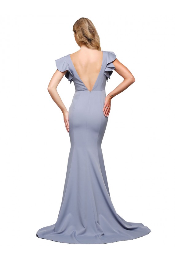 V-Back Smoke Blue Mermaid Round Neck Sweep Train Formal Evening Dress Canada Online