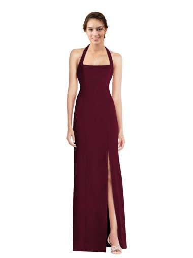 Open Back Burgundy Gold Trumpet Halter Neck Long Semi Formal Evening Dress Canada Online