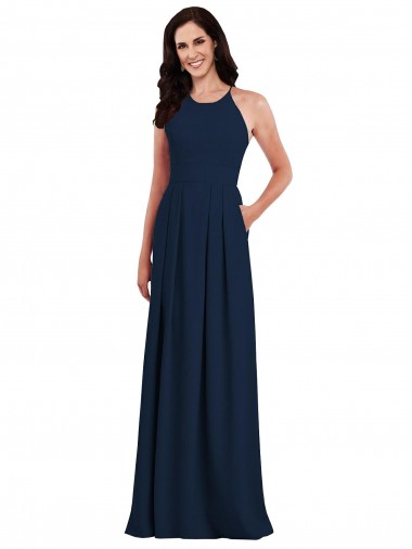 Open Back Dark Navy Trumpet Halter Neck Long Semi Formal Evening Dress Canada Online