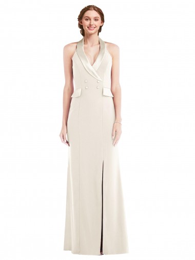 Low Back Ivory Trumpet Halter Neck Long Semi Formal Evening Dress Canada Online